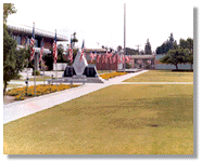 Gardena Civic Center with flags, 1980