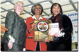Margaret Donnellan Todd, County Librarian; Yvonne B. Burke, Supervisor; Yolanda King, Honoree