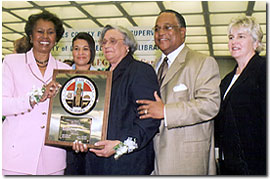 Yvonne B. Burke, Supervisor; Essie Mae Washington, Honoree; Margaret Donnellan Todd, County Librarian